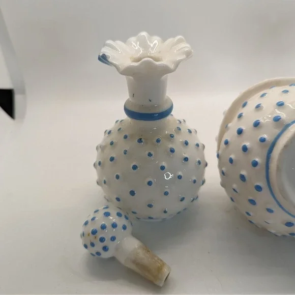 Vintage Blue & White Milk Glass Hobnail (2) Perfume + Trinket Box - Picture 11 of 12